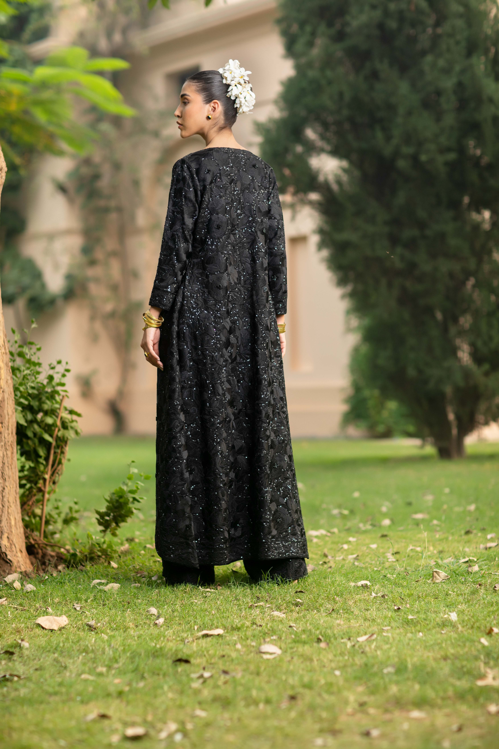 Black on Back Fully Hand Embroidered Long Jacket with Embroidered Cammasole and Pants
