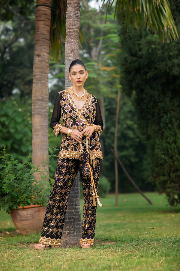 Black & Gold Cross Body with Embroidered Pants & Potli Bag
