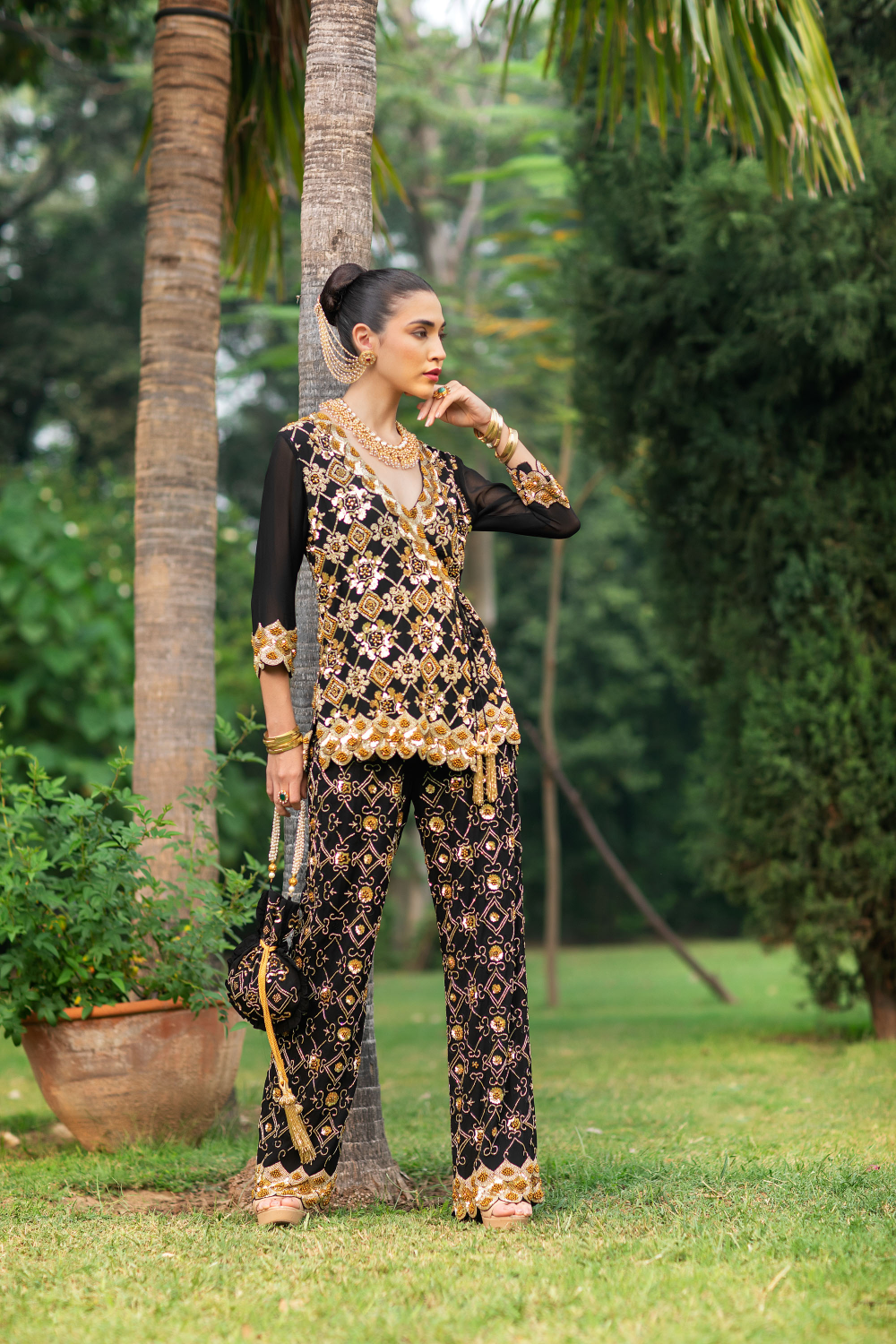 Black & Gold Cross Body with Embroidered Pants & Potli Bag