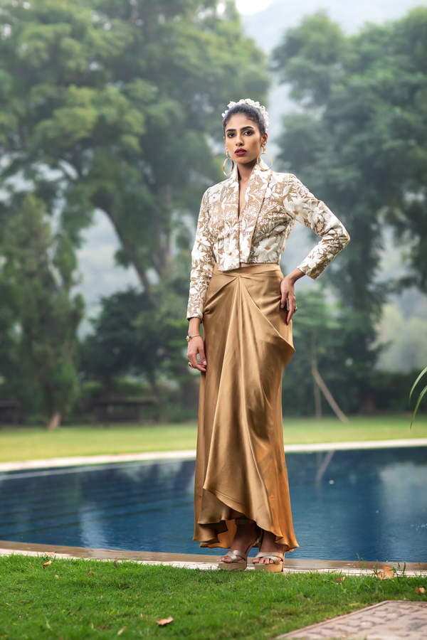 Beige & Ivory Embroidered Jacket with Gold Dhoti