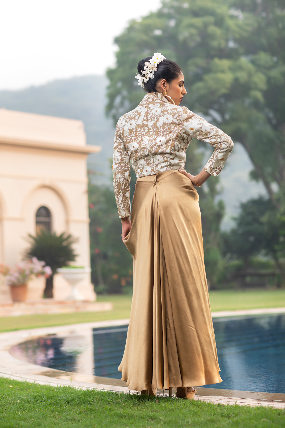 Beige & Ivory Embroidered Jacket with Gold Dhoti