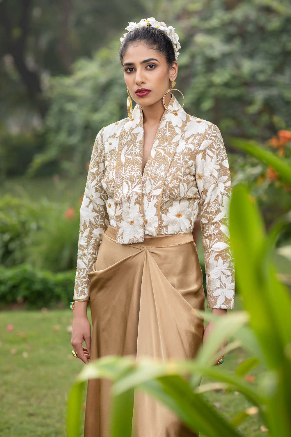 Beige & Ivory Embroidered Jacket with Gold Dhoti