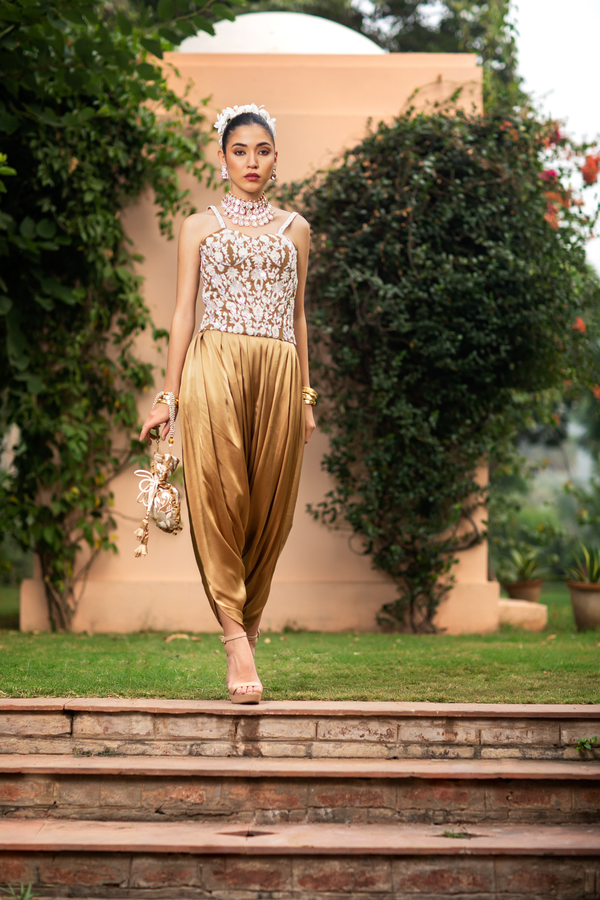 Beige & Ivory Embroidered Corset with Dhoti