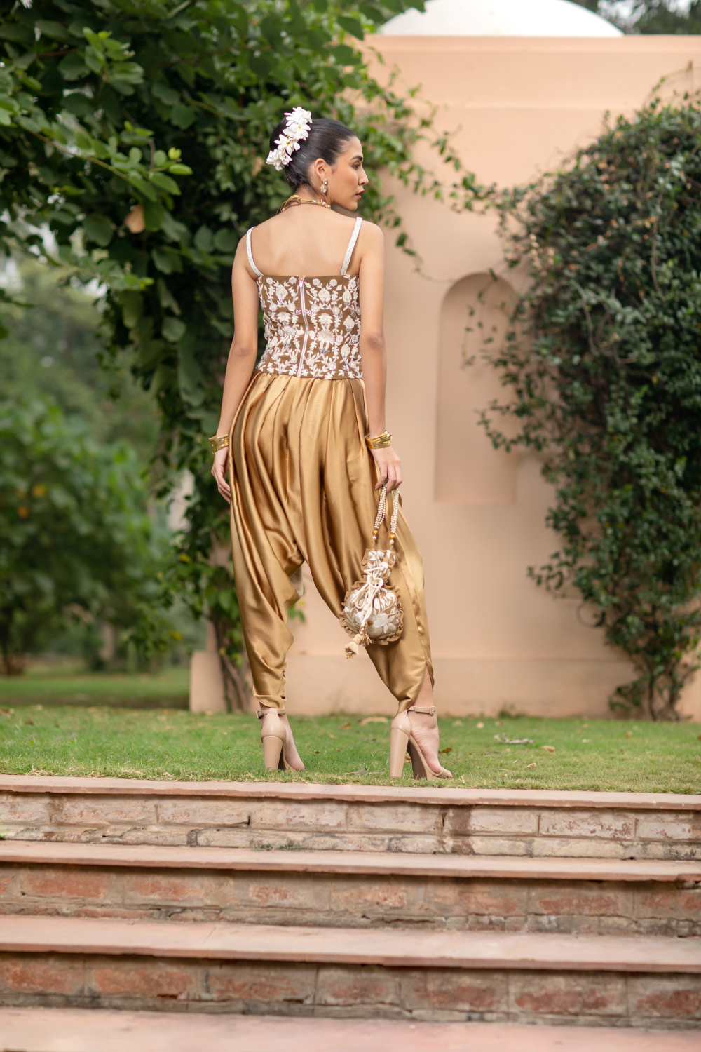 Beige & Ivory Embroidered Corset with Dhoti