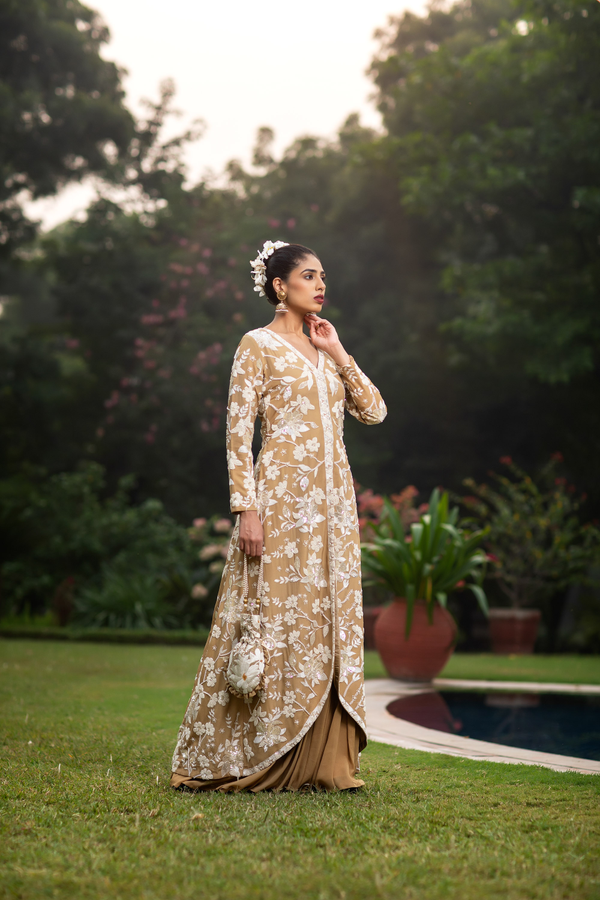 Beige & Ivory Embroidered Long Jacket with Pallazo and Potli Bag