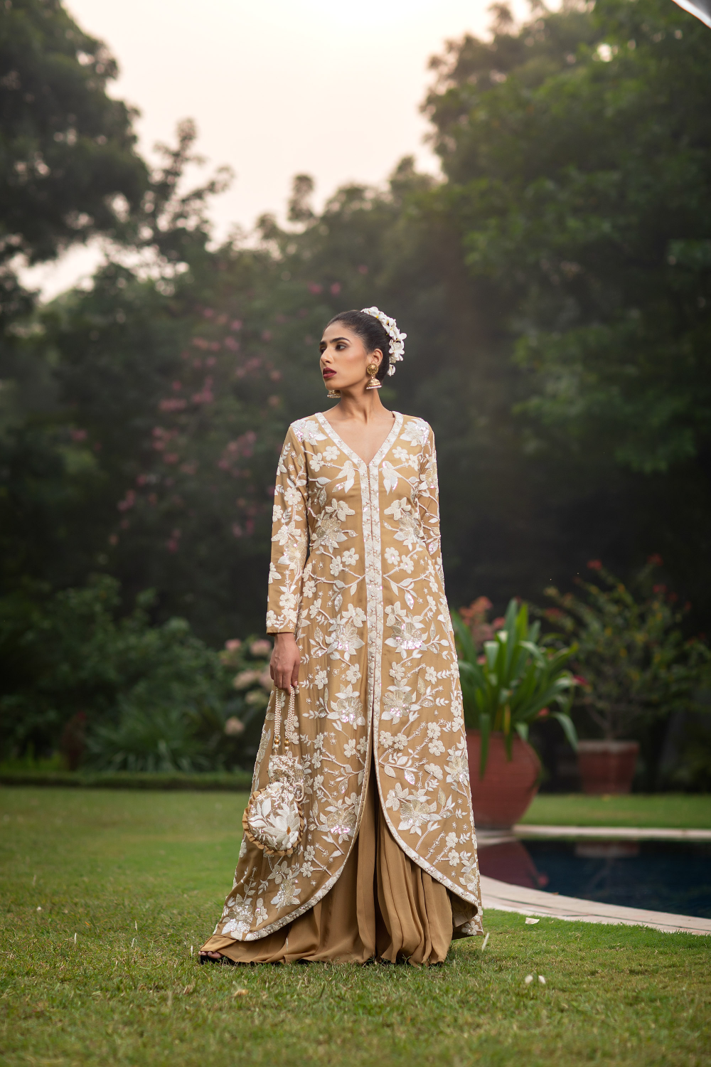 Beige & Ivory Embroidered Long Jacket with Pallazo and Potli Bag