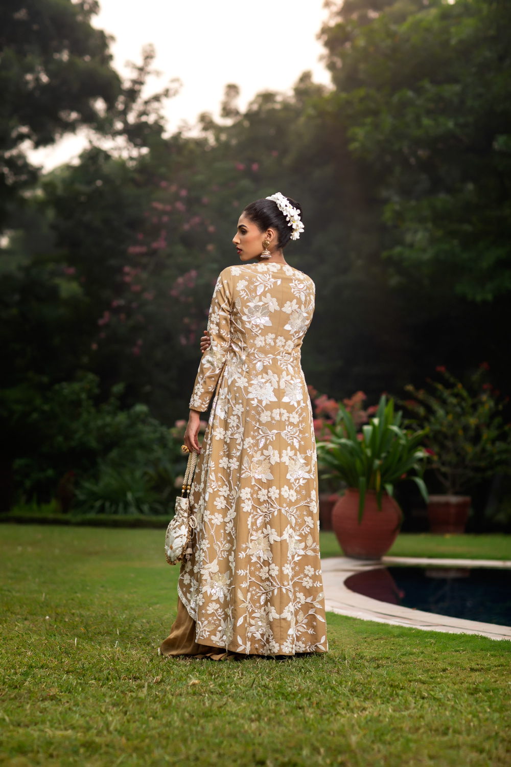 Beige & Ivory Embroidered Long Jacket with Pallazo and Potli Bag