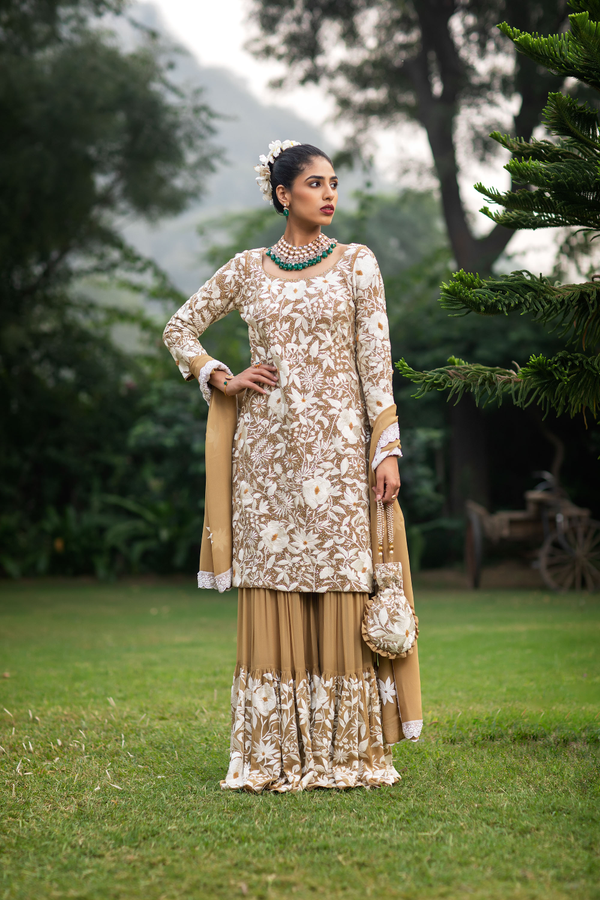 Beige & Ivory Thread Work Heavy Embroidered Sharara Set with Potli Bag