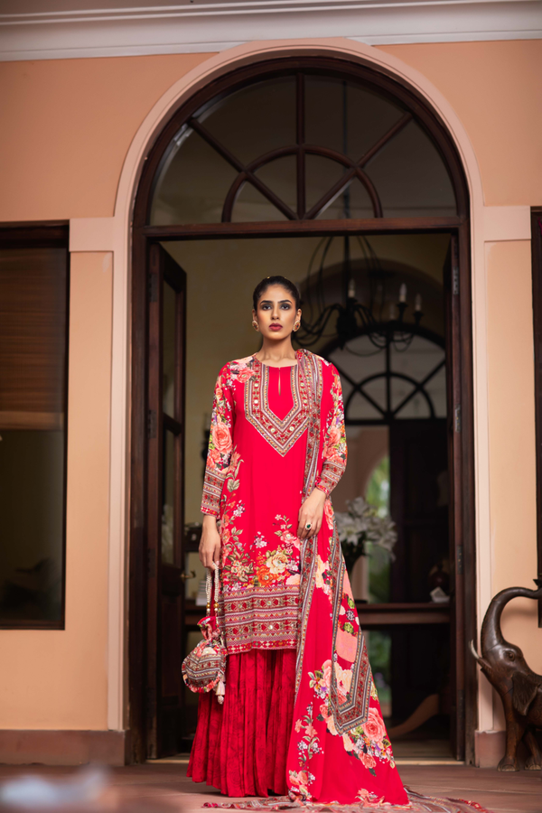Indian Pink Printed Sharara Set with Potli Bag