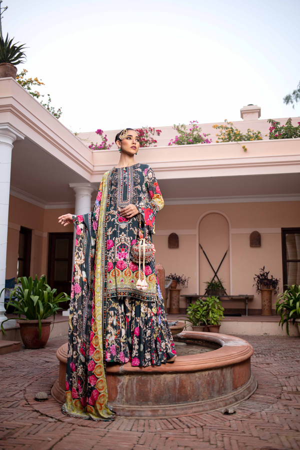 Grey Printed Sharara Set with Potli Bag