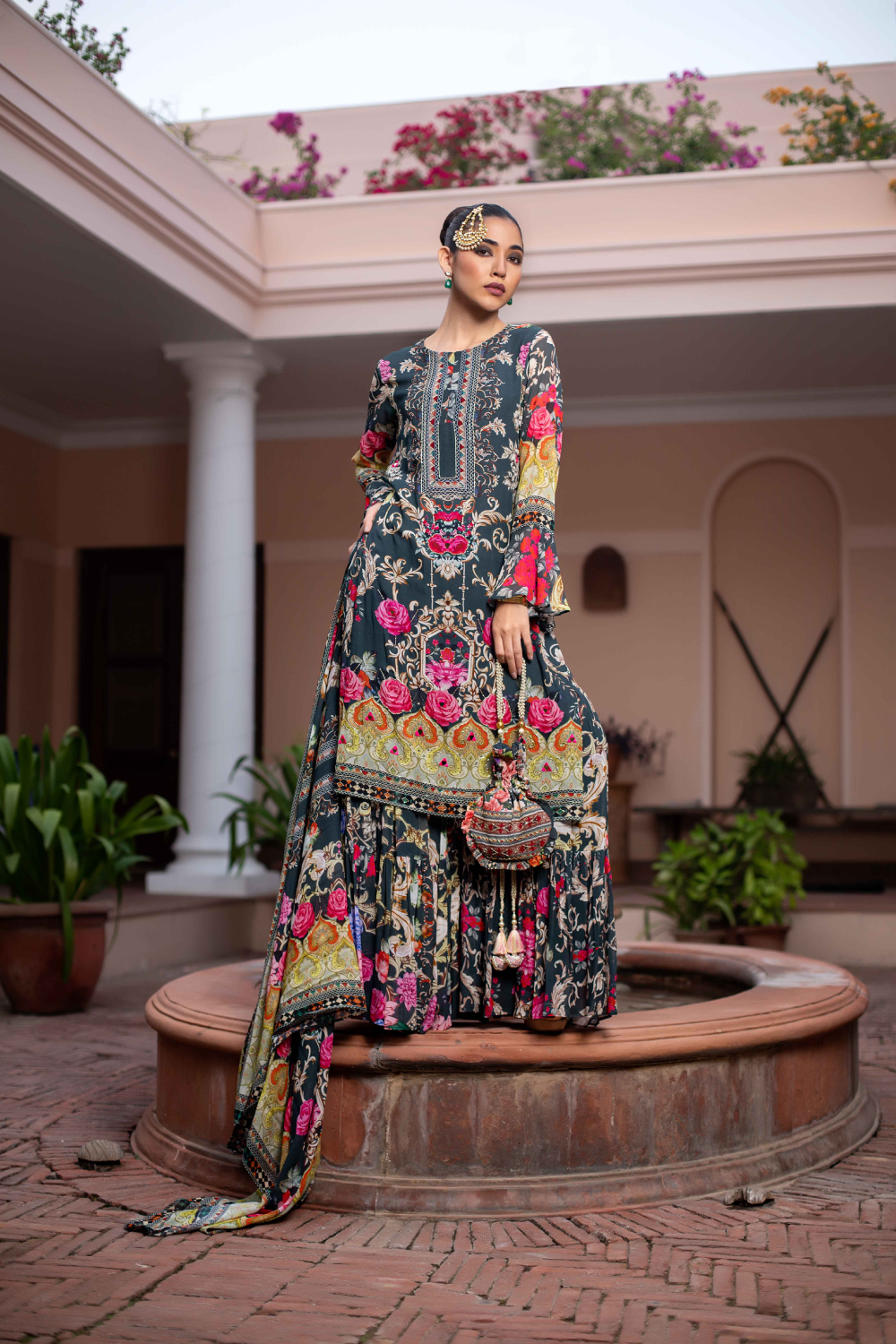 Grey Printed Sharara Set with Potli Bag