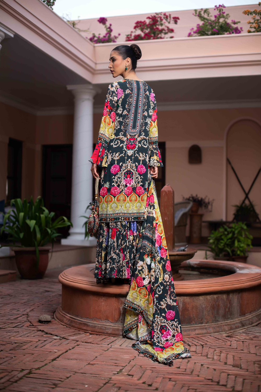 Grey Printed Sharara Set with Potli Bag