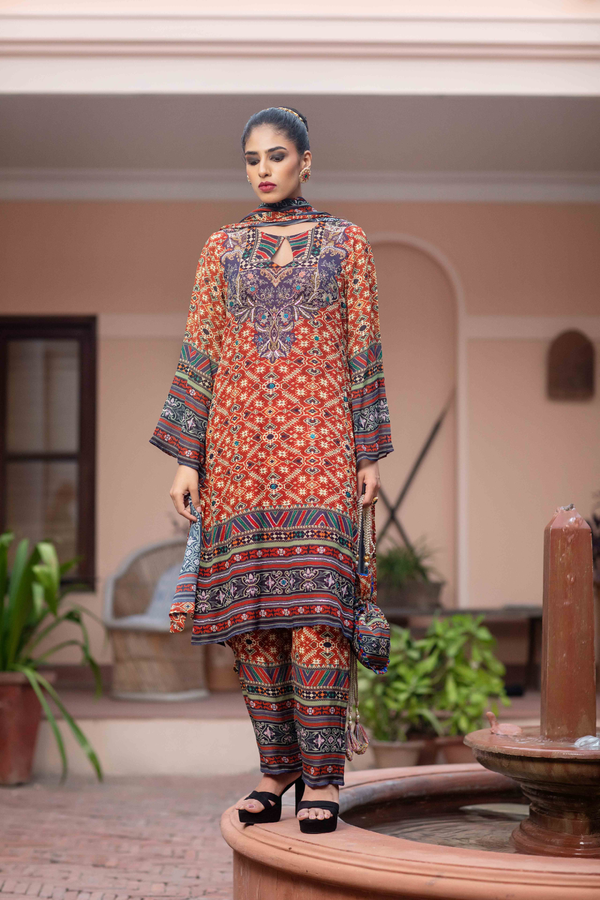 Red Printed Pant Suit with Potli Bag