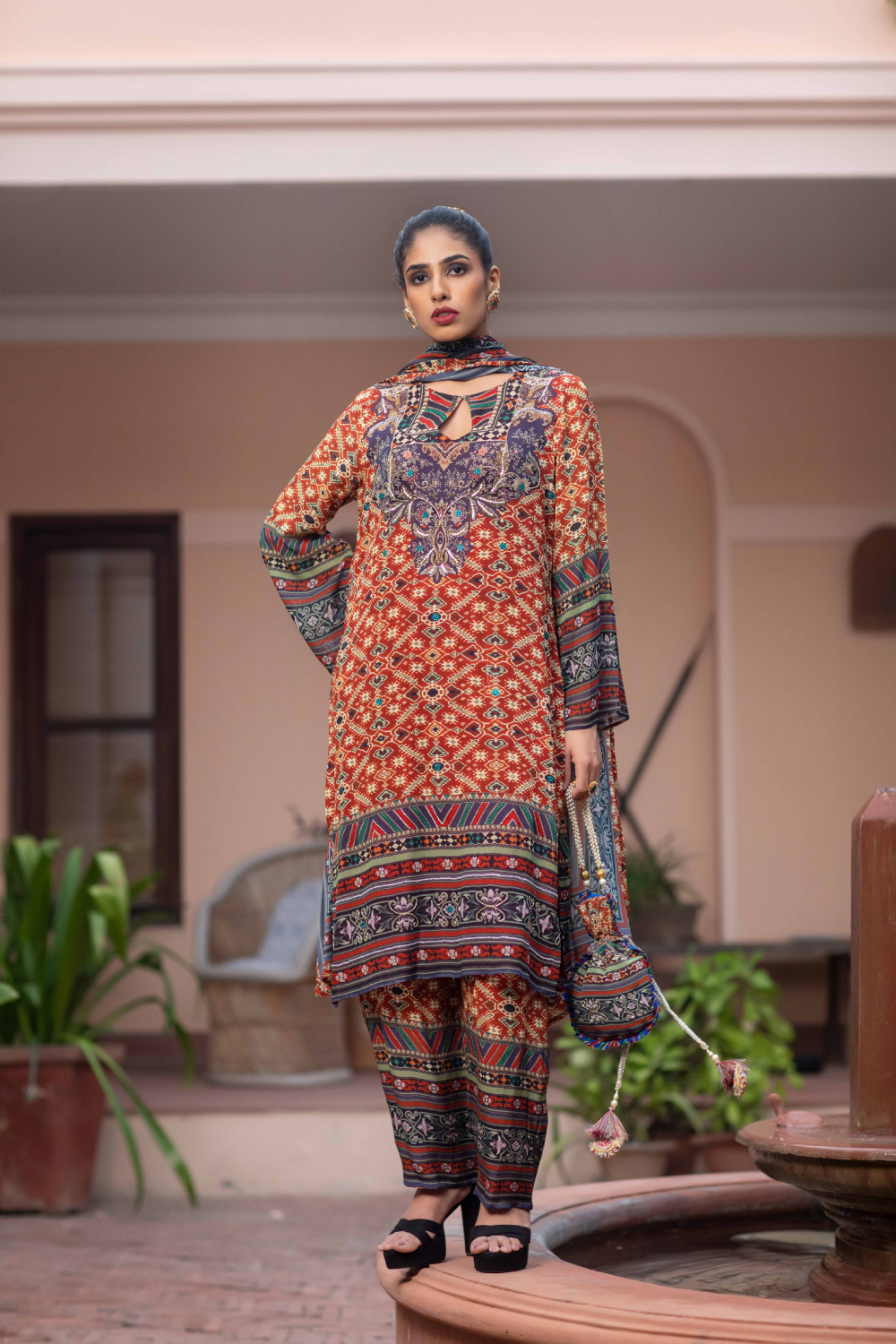 Red Printed Pant Suit with Potli Bag