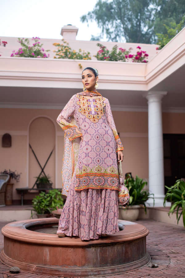 Blush Pink Printed Sharara Set with Potli Bag