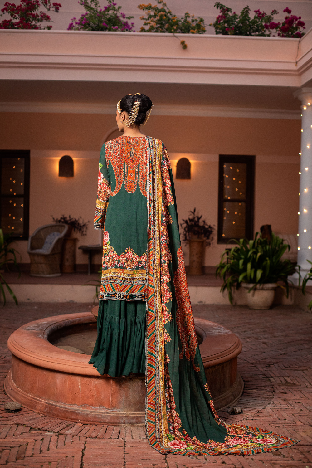 Dark Green Printed Sharara Set with Potli Bag