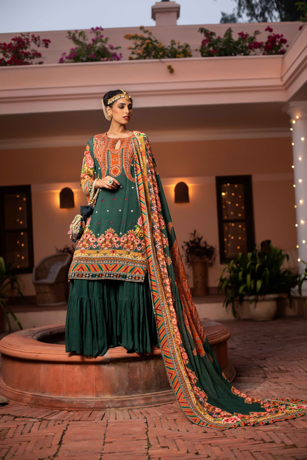 Dark Green Printed Sharara Set with Potli Bag