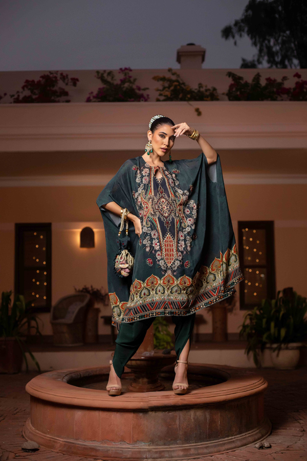 Dark Green Printed Cape with Dhoti and Potli Bag