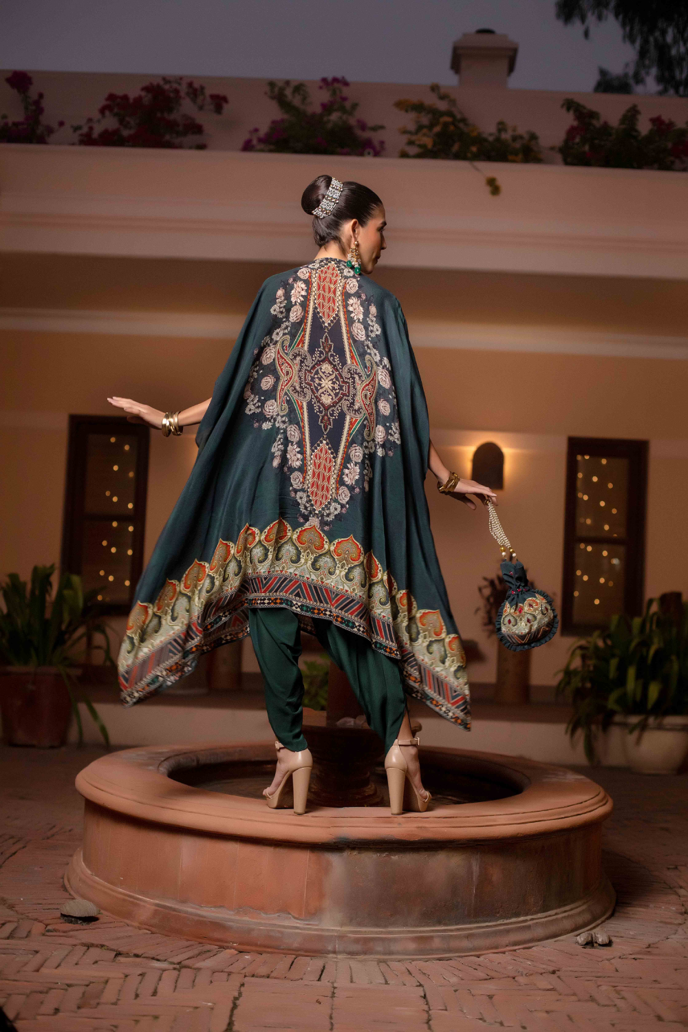 Dark Green Printed Cape with Dhoti and Potli Bag