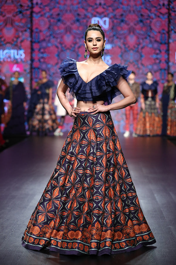 Navy Blue Printed Lehenga With Frill Blouse