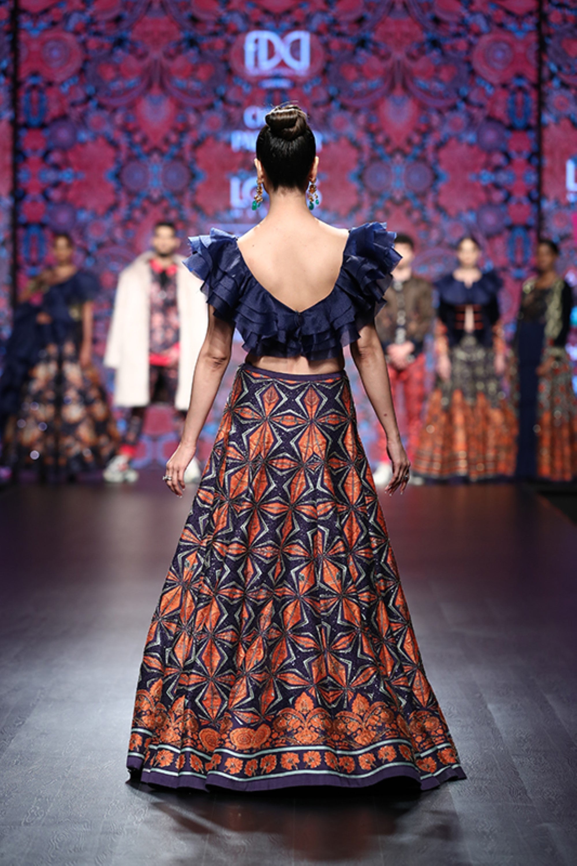 Navy Blue Printed Lehenga With Frill Blouse