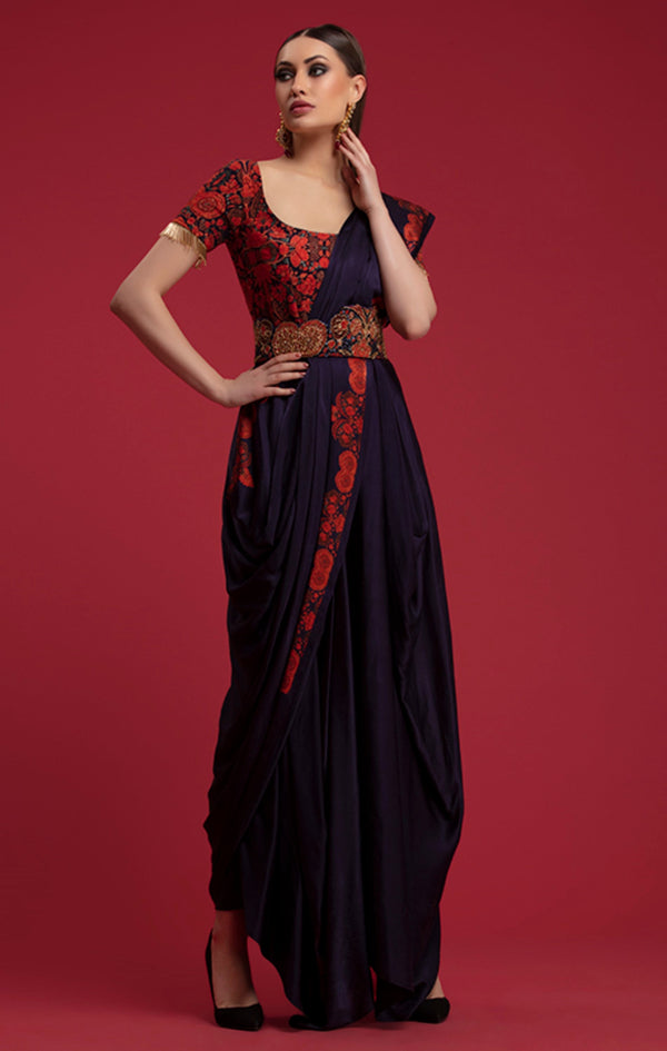 Navy Blue Printed Saree With Blouse And Belt