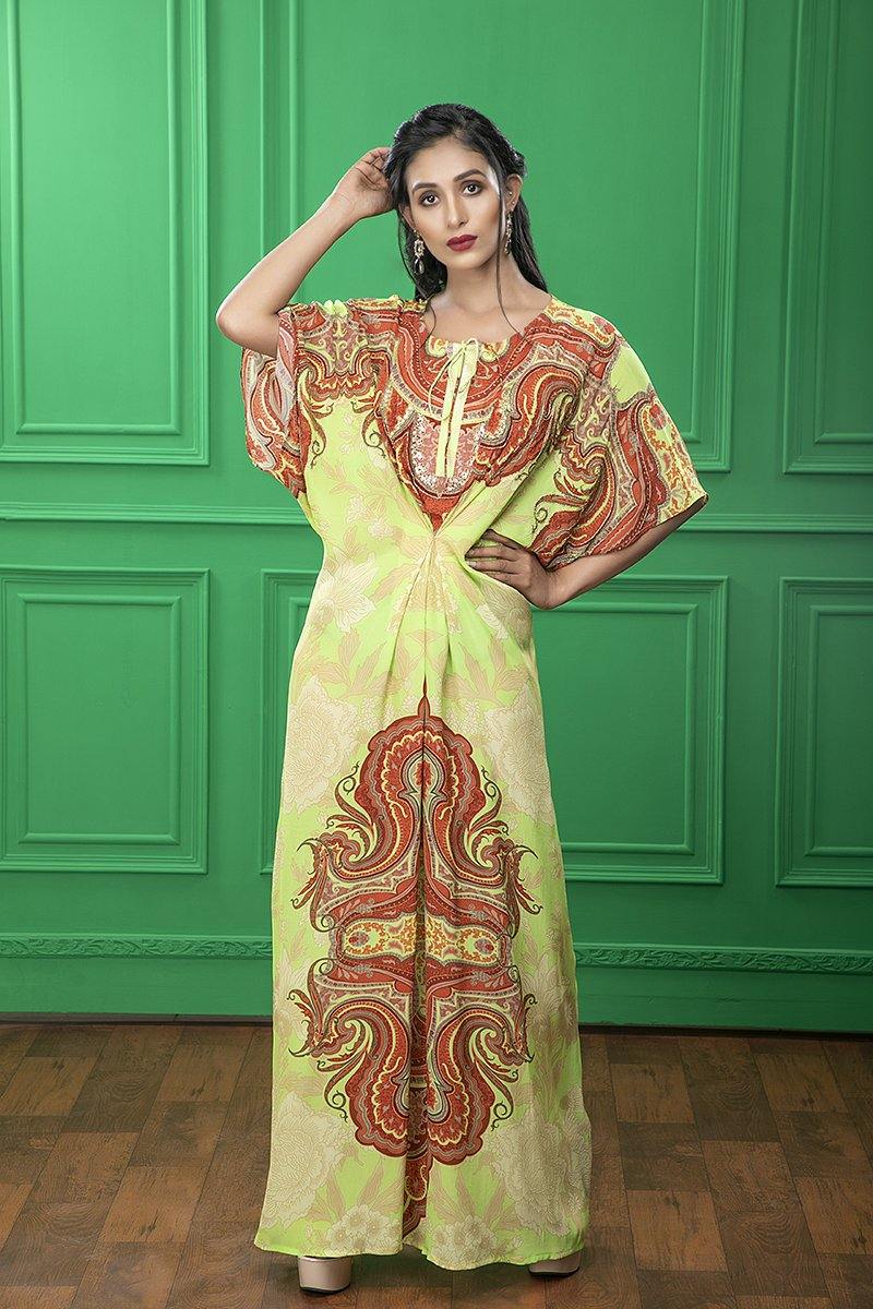 Light Green Paisley Printed Kaftan