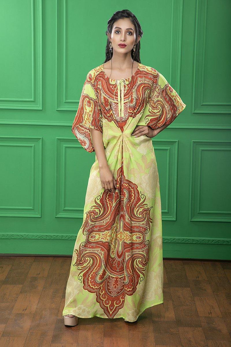 Light Green Paisley Printed Kaftan