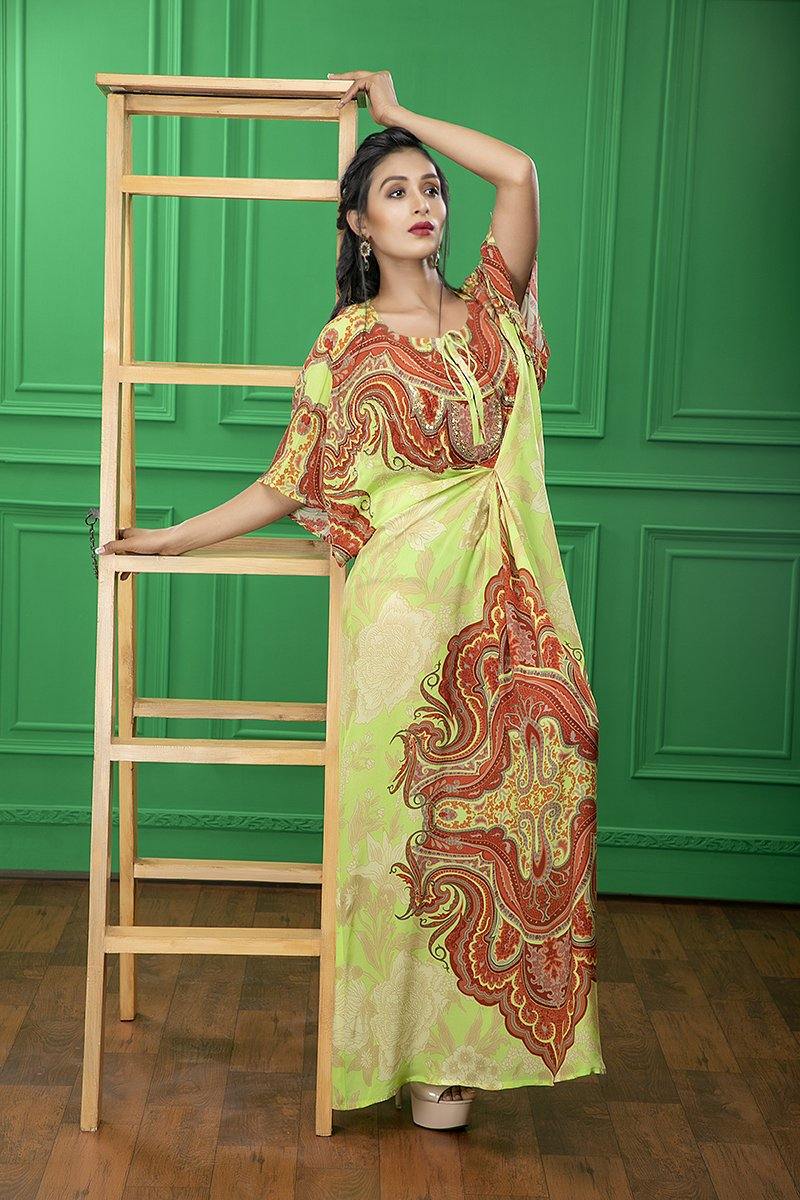 Light Green Paisley Printed Kaftan