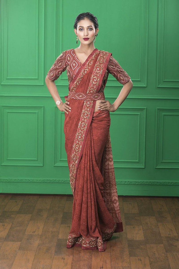 Rust Printed Saree With Embellished Blouse