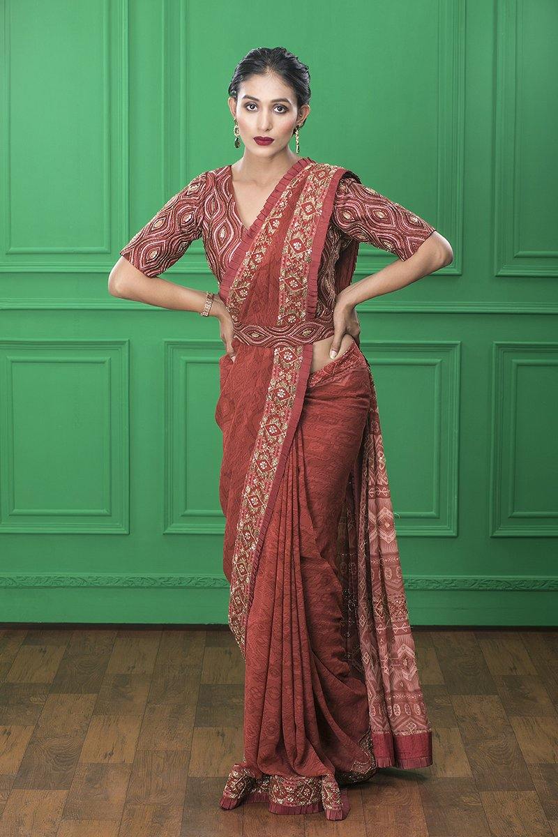 Rust Printed Saree With Embellished Blouse