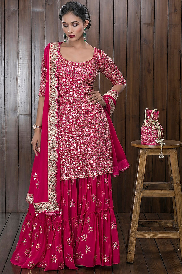 Pink Hand Embellished Sharara Set With Potli