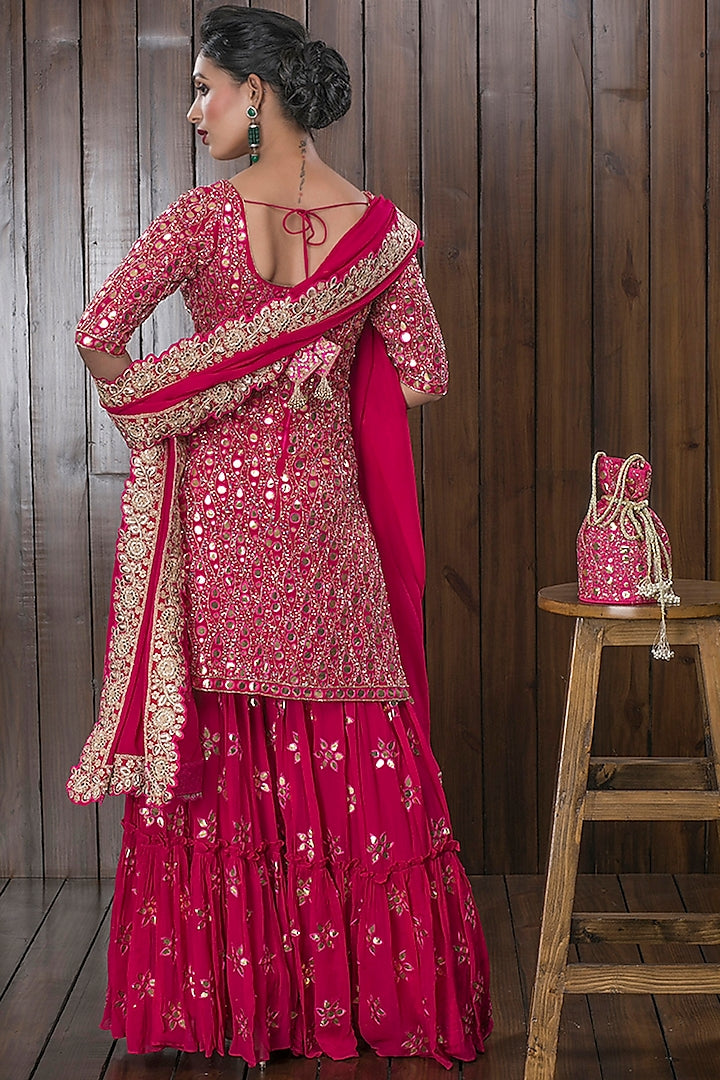 Pink Hand Embellished Sharara Set With Potli