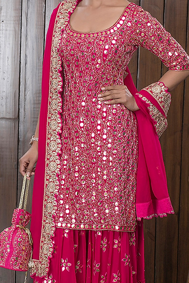 Pink Hand Embellished Sharara Set With Potli