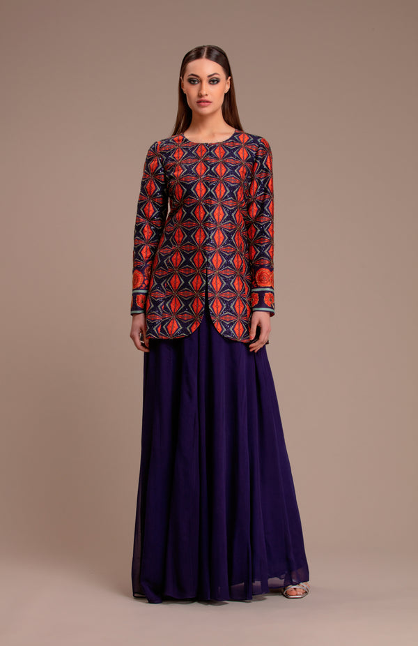 Navy Blue Printed Long Jacet with Pallazo Pants