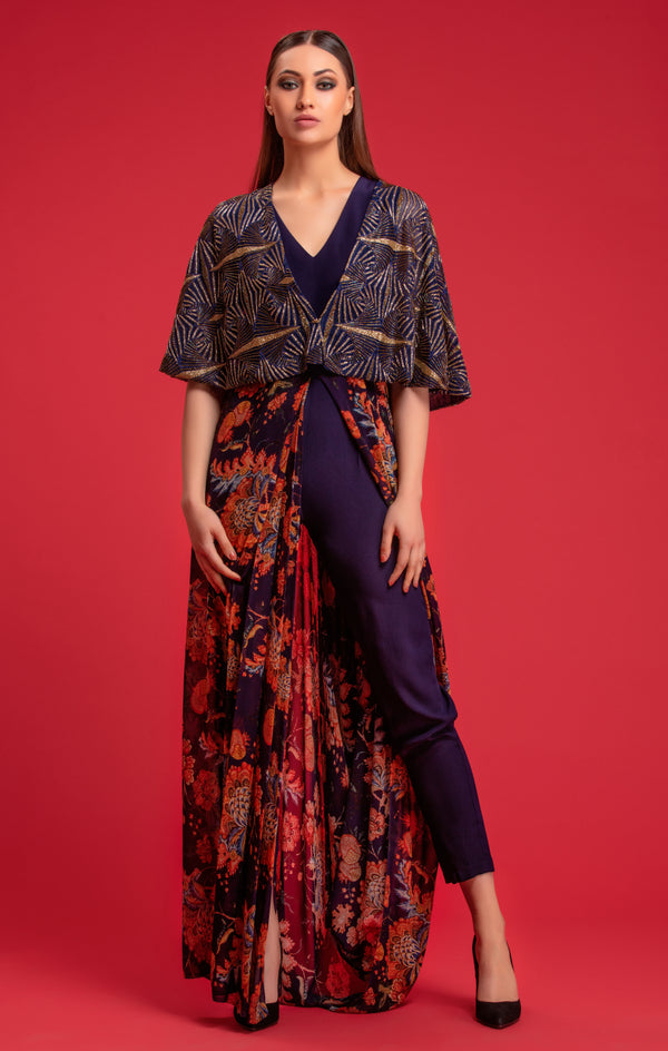 Navy Blue Printed Gown With Hand Embellished Top