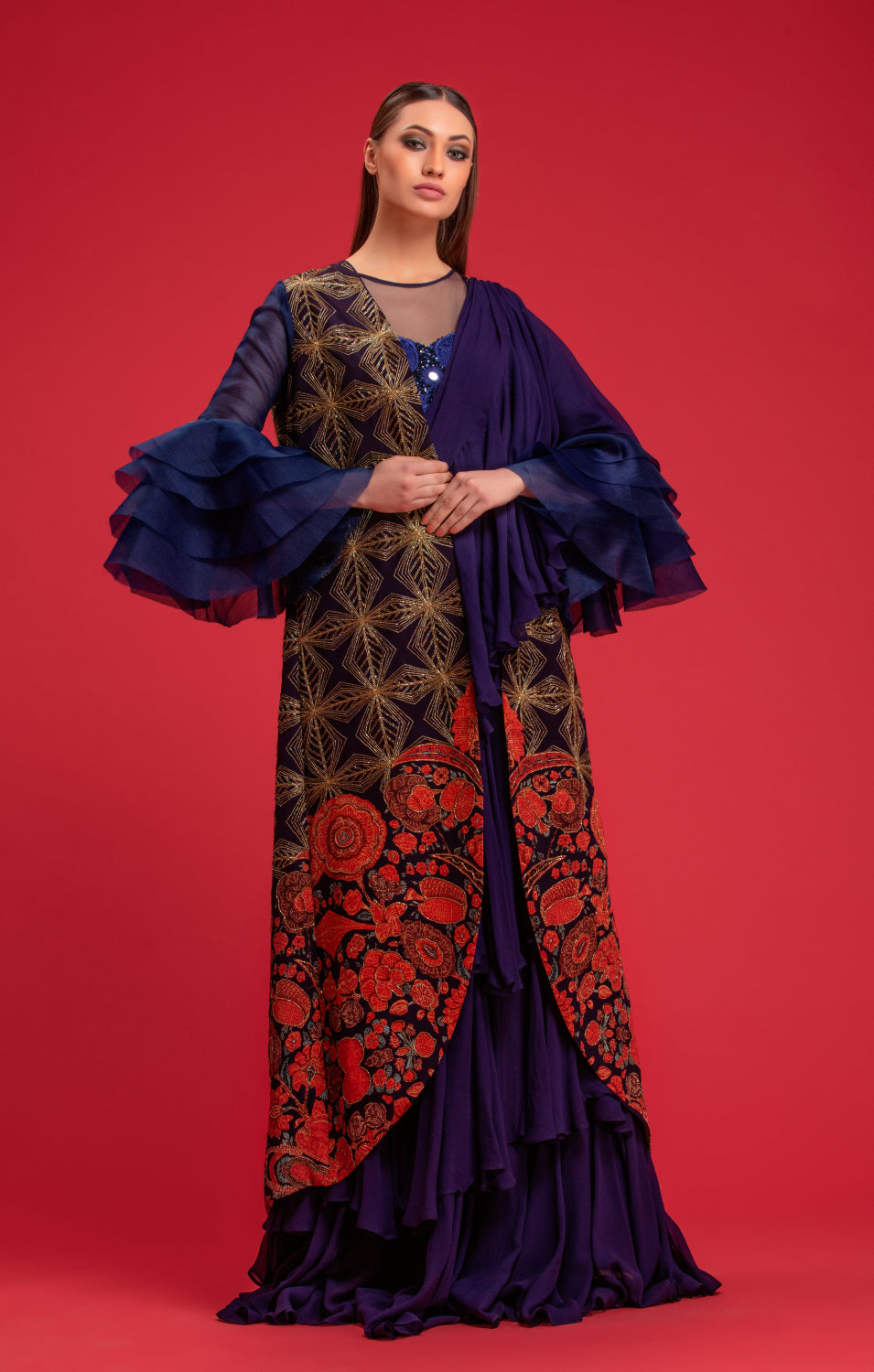 Navy Blue Jacket Blouse With Draped Dress