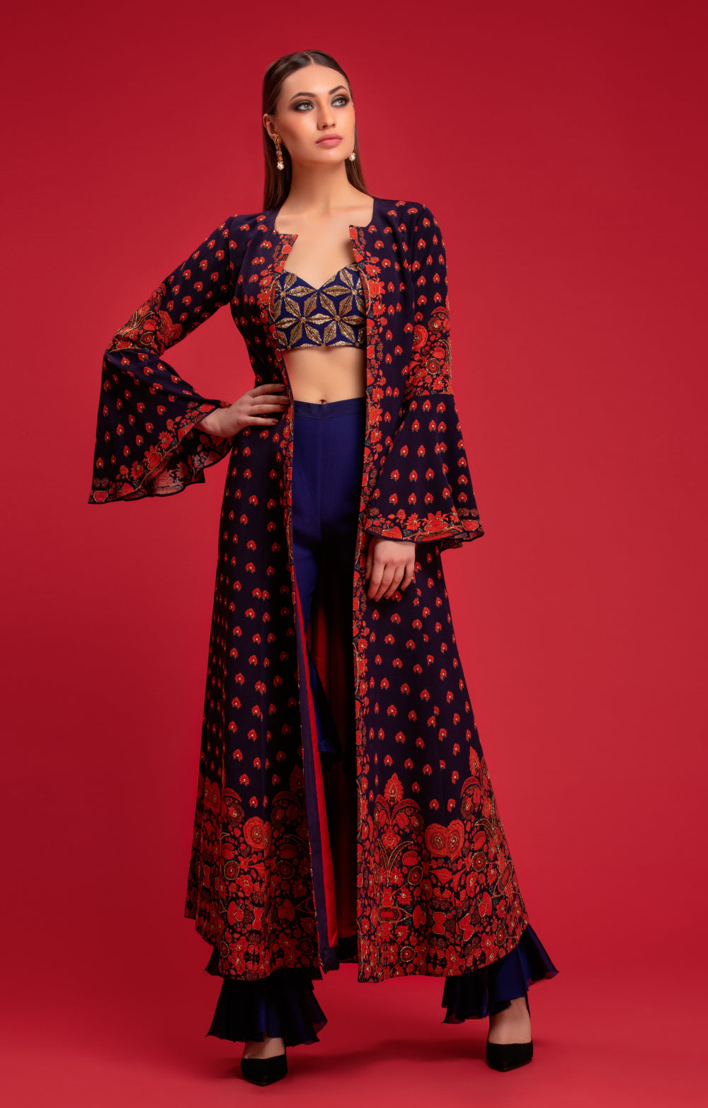 Navy Blue Printed Front Open Jacket Set