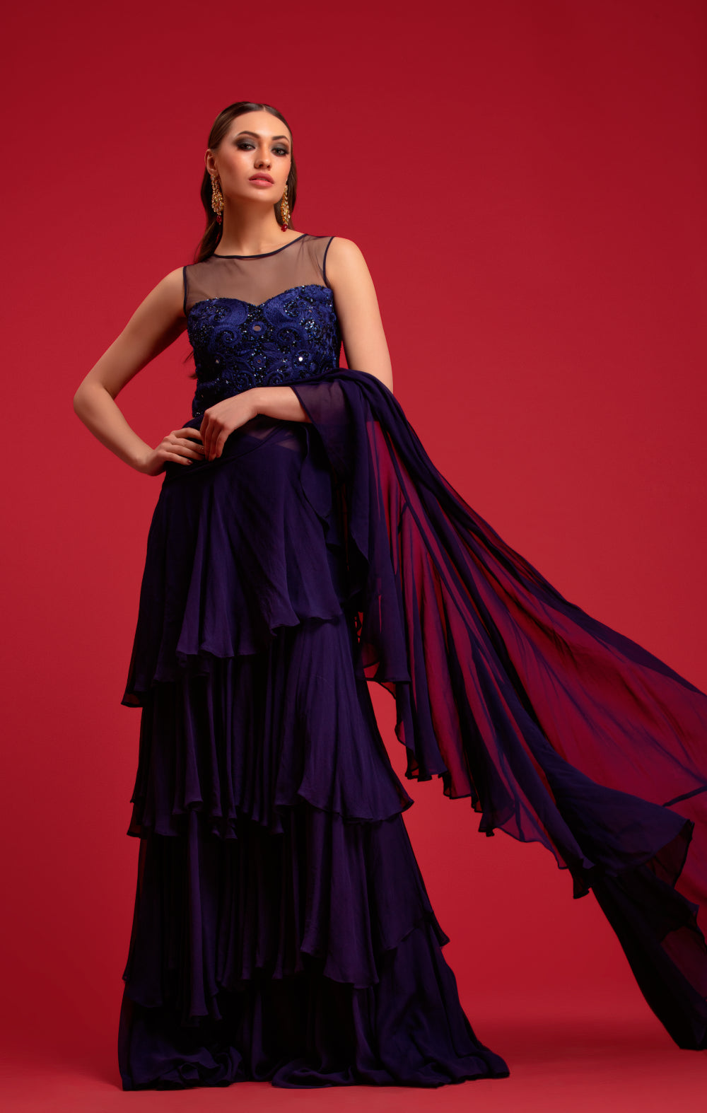 Navy Blue Ruffled Sarre