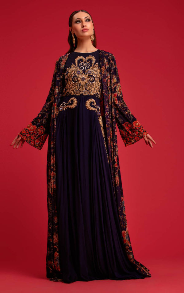 Navy Blue Printed Cape With Embroidered Dress