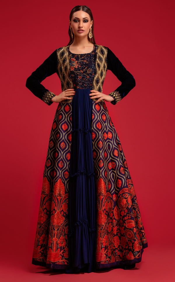 Navy Blue Printed Jacket With Blue Printed Gown
