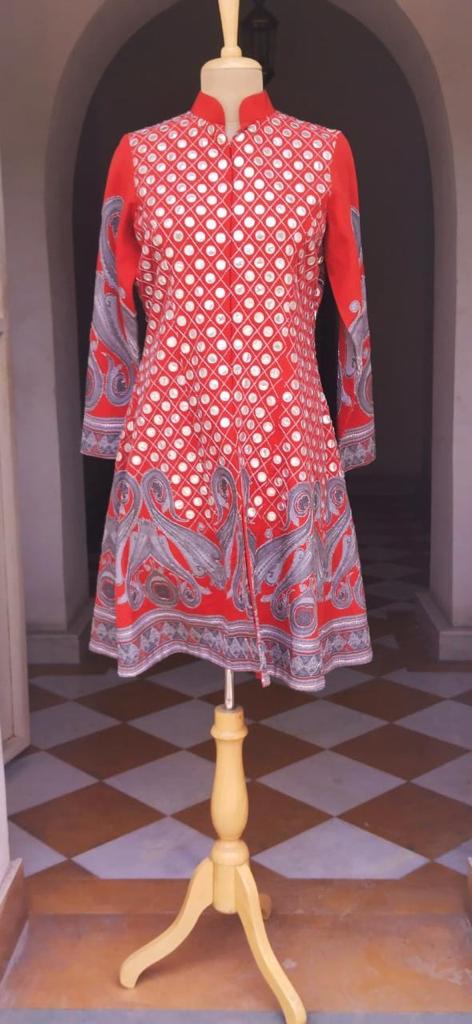 Red Crepe Embroidered Jacket With Dhoti