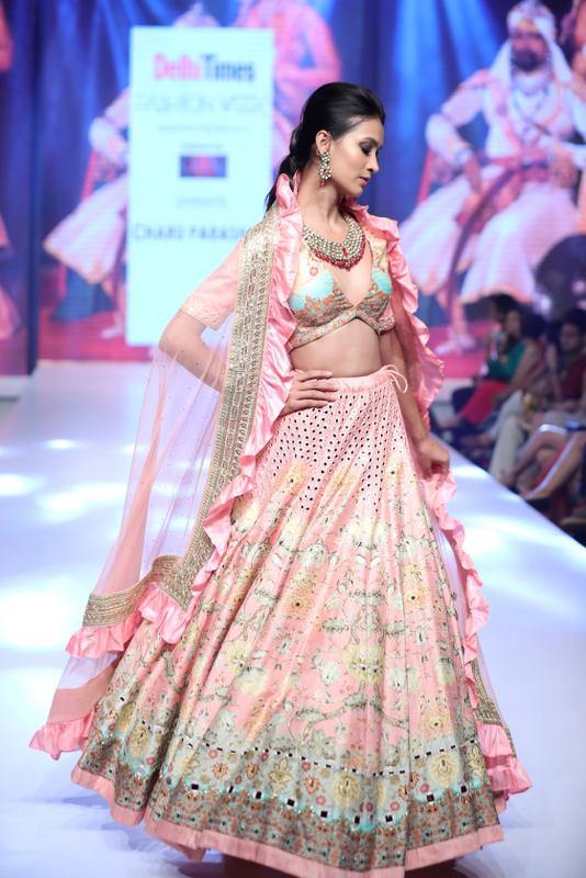 Baby Pink printed/ mirror work lehenga with Blouse and dupatta